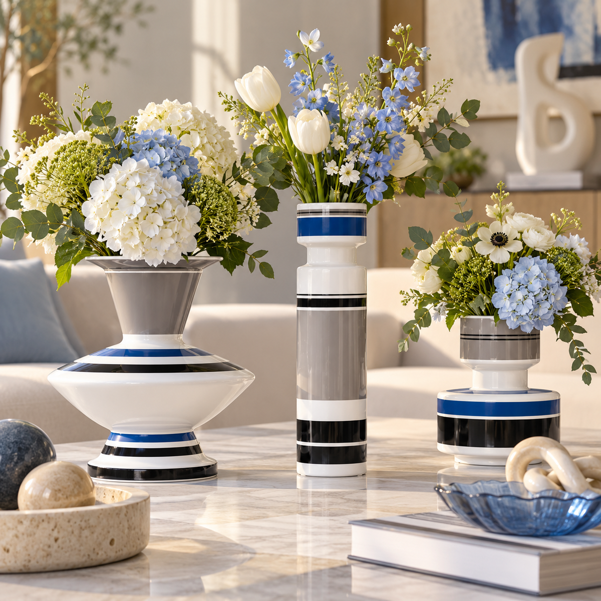 Striped Ceramic Vases - Set of 3