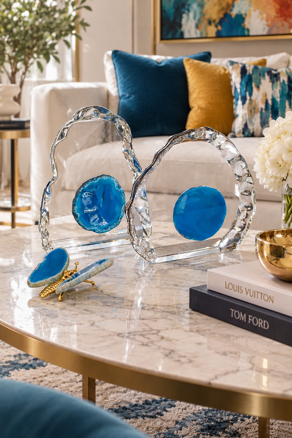 Set of 2 Crystal Decorative Pieces with Blue Agate