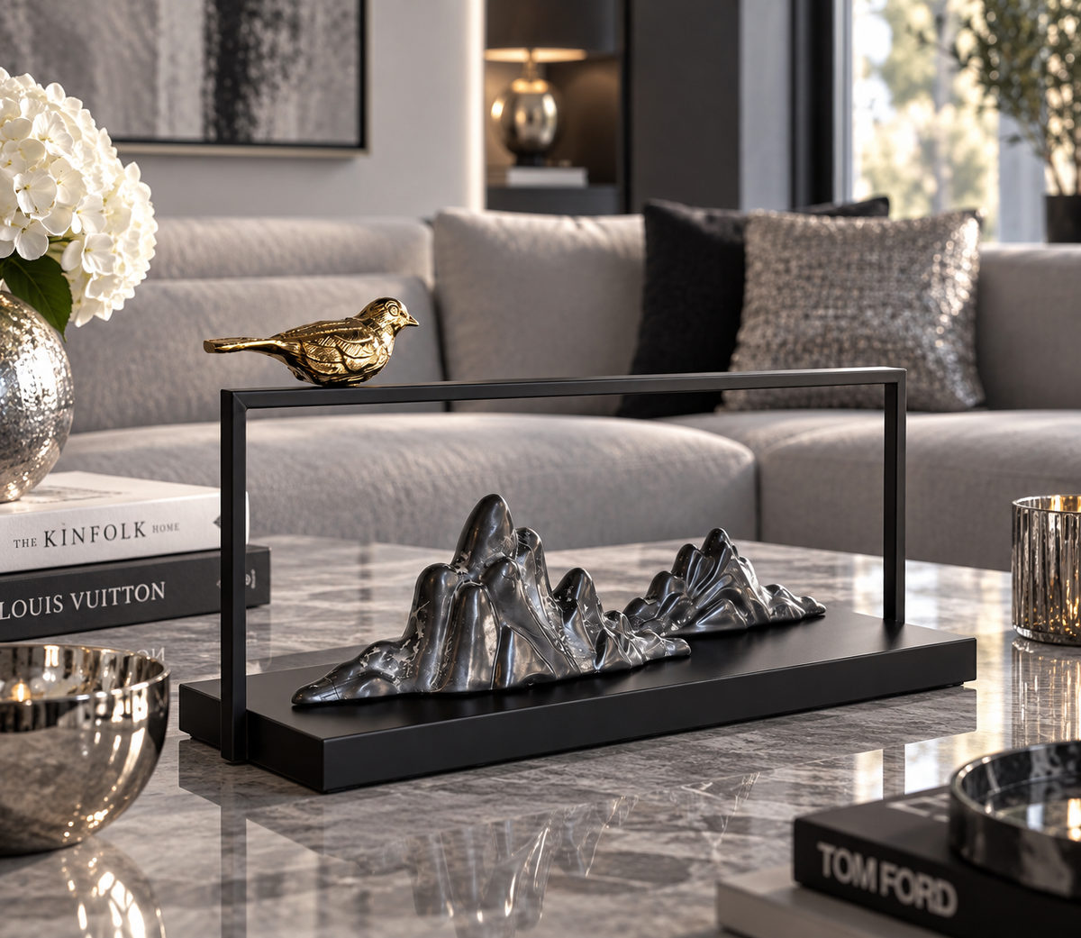 Golden Bird & Mountain Metal Sculpture